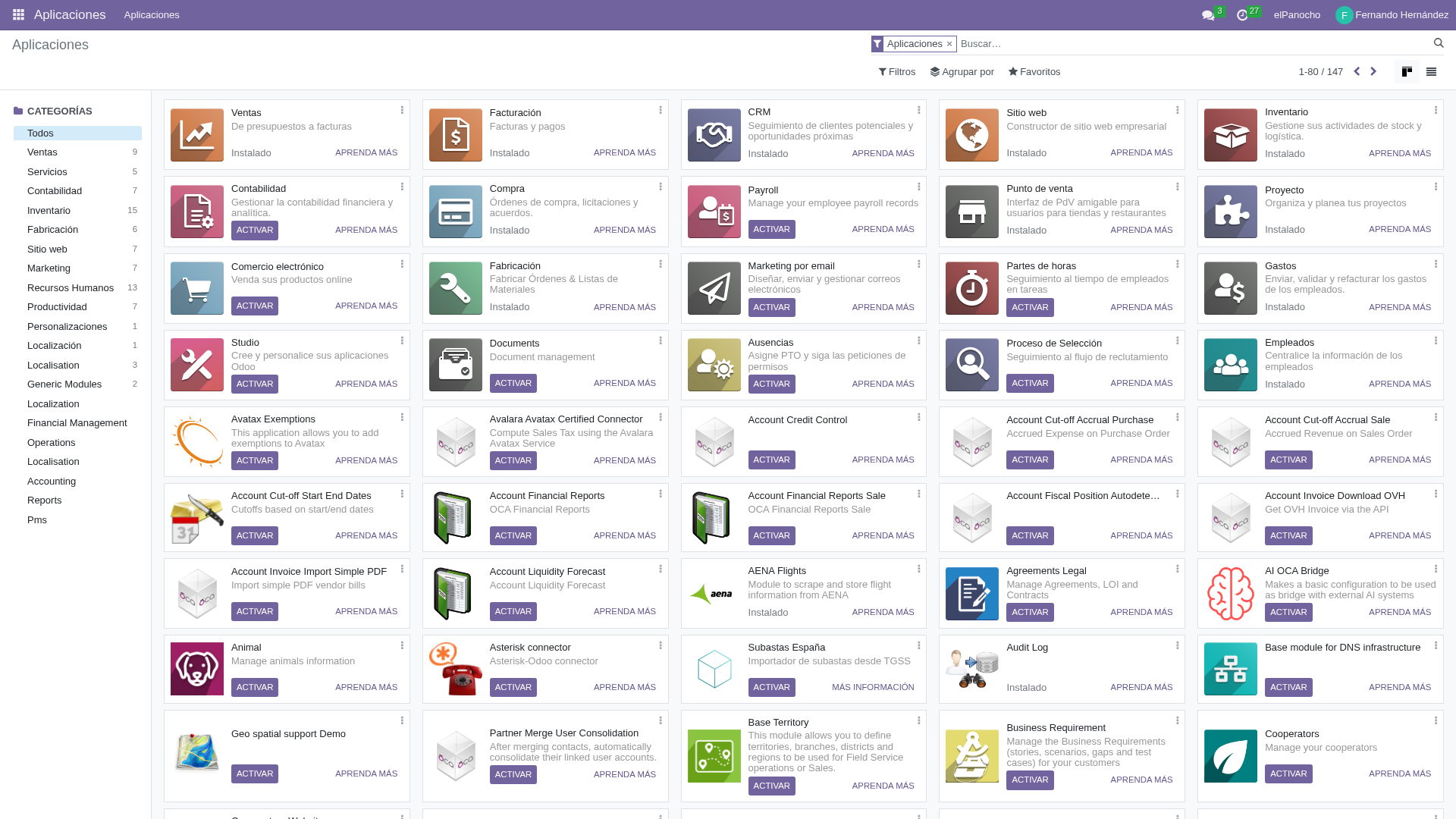 Odoo Aplicaciones Instaladas