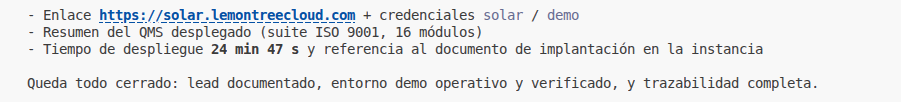 Resumen del despliegue: URL, credenciales y 24m47s