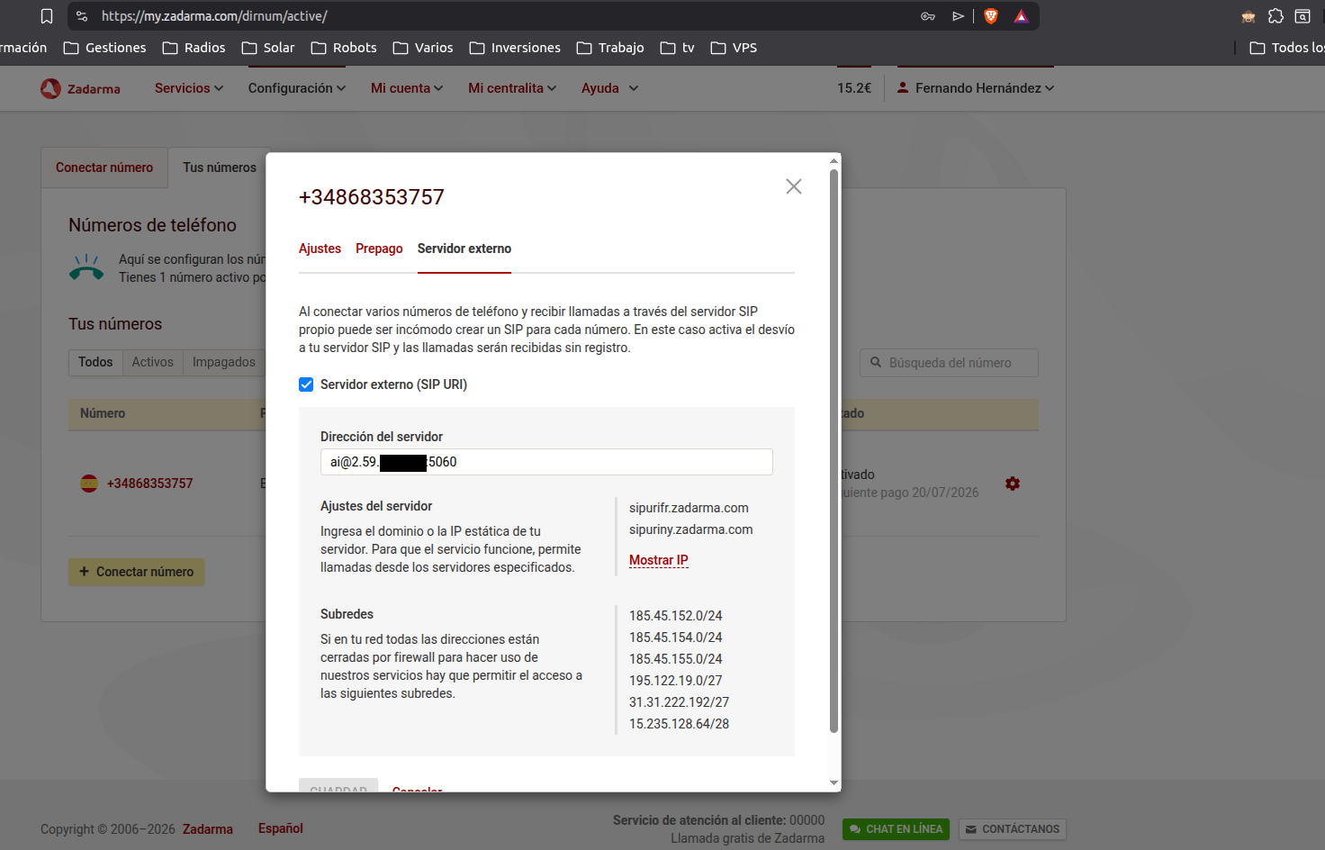 Panel de configuración del servidor SIP externo de Zadarma